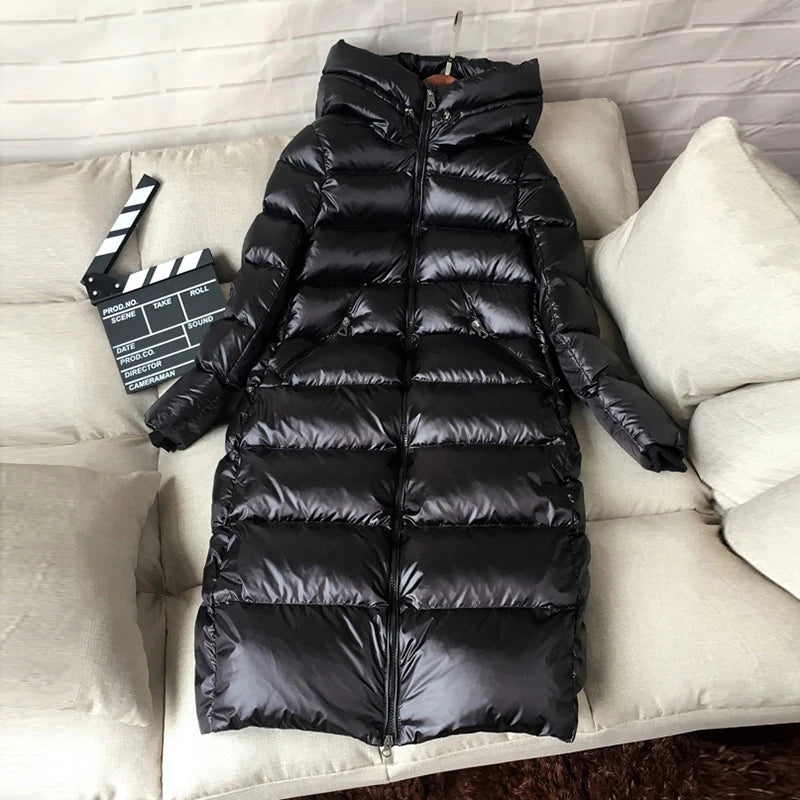 90% Thicken White Duck down Jackets Shiny Side Hooded Women Warm down Coats Long Slim plus Size Female down Outwear HK627