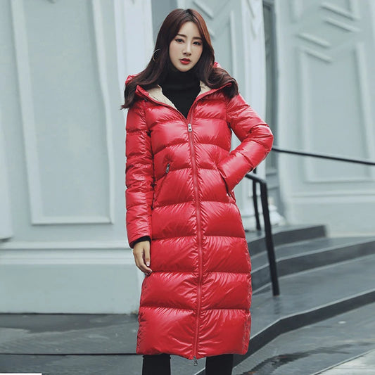 90% Thicken White Duck down Jackets Shiny Side Hooded Women Warm down Coats Long Slim plus Size Female down Outwear HK627