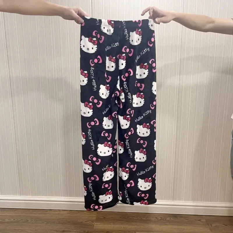 Anime Sanrioed Hellokitty Y2K Sanrioed Pajamas Pants Women Pjs Halloween Household Dress Kawaii Woolen Cartoon Casual Home Pants