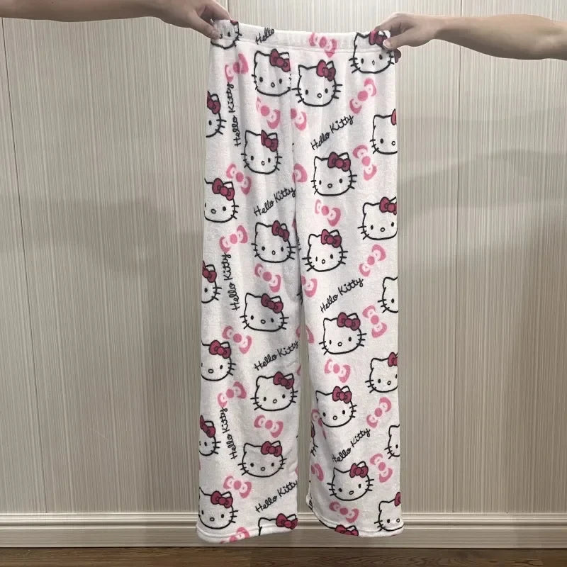 Anime Sanrioed Hellokitty Y2K Sanrioed Pajamas Pants Women Pjs Halloween Household Dress Kawaii Woolen Cartoon Casual Home Pants