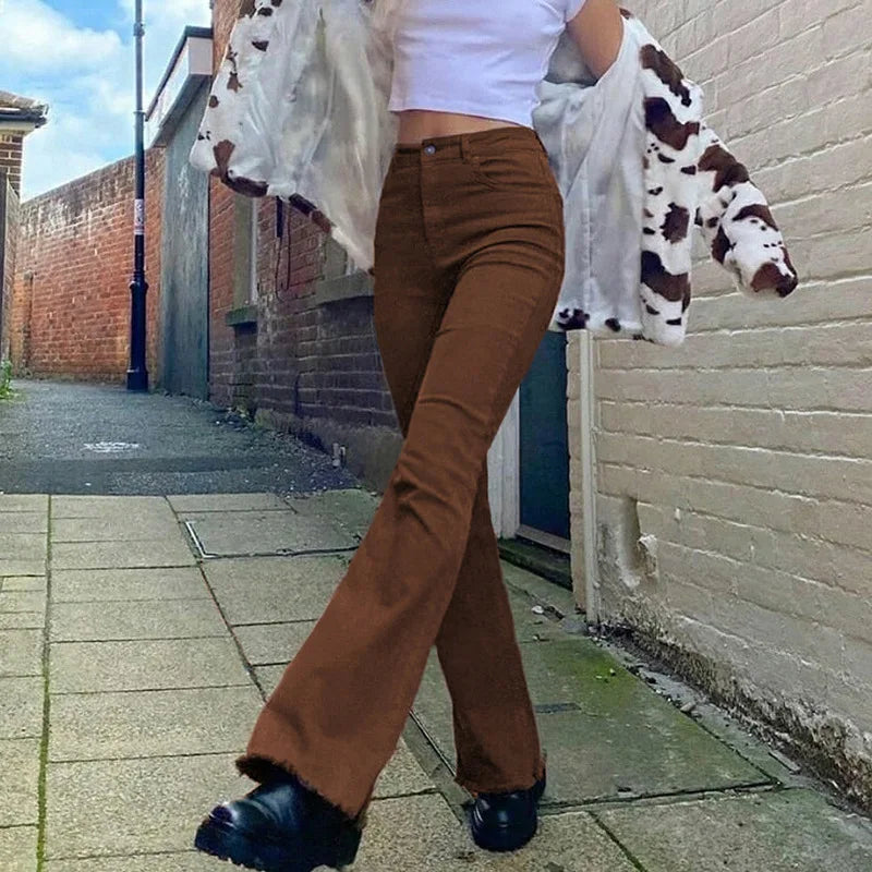 Woman High Waist Flared Jeans Vintage Khaki Y2K Denim Pants Streetwear Harajuku Stretch Capris Female Fashion Joggers Trousers