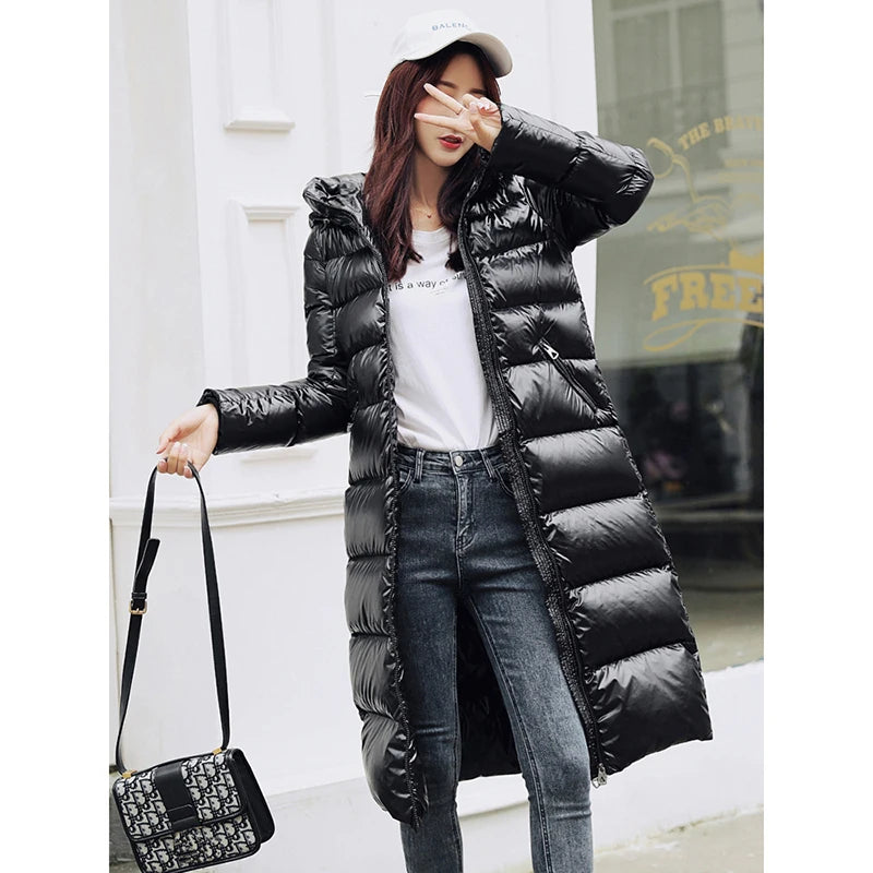 90% Thicken White Duck down Jackets Shiny Side Hooded Women Warm down Coats Long Slim plus Size Female down Outwear HK627